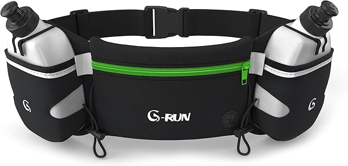 Q-RUN Hydration Running Belt with 2 x 10oz Water Bottles, No Bounce Adjustable Waist Belt for Men & Women, Marathon Running Gear