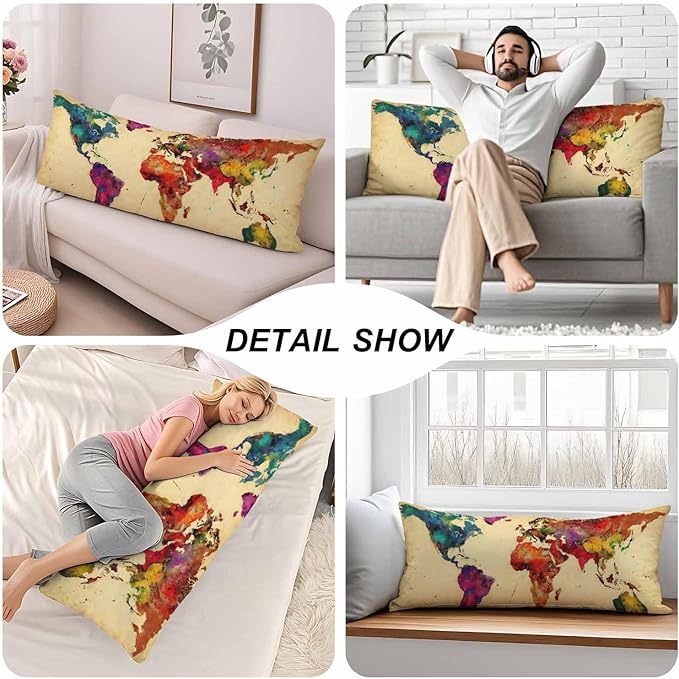 World Map Body Pillow Pillowcase, Retro World Map Colorful Body Pillow Cushion Cover, 20x54 Inch Lumbar Pillow Cover Large Pillow Protector for Home Couch Sofa