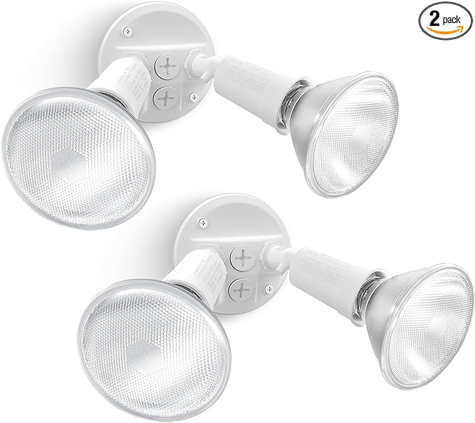 LUTEC 2 Pack Adjustable Twin Par Holder Outdoor Flood Lights, Switch Controlled Security Lights, Floodlights Fixture, Waterproof Exterior Max 300 Watt Par38 Flood Light for Garage, Yard, Porch-White
