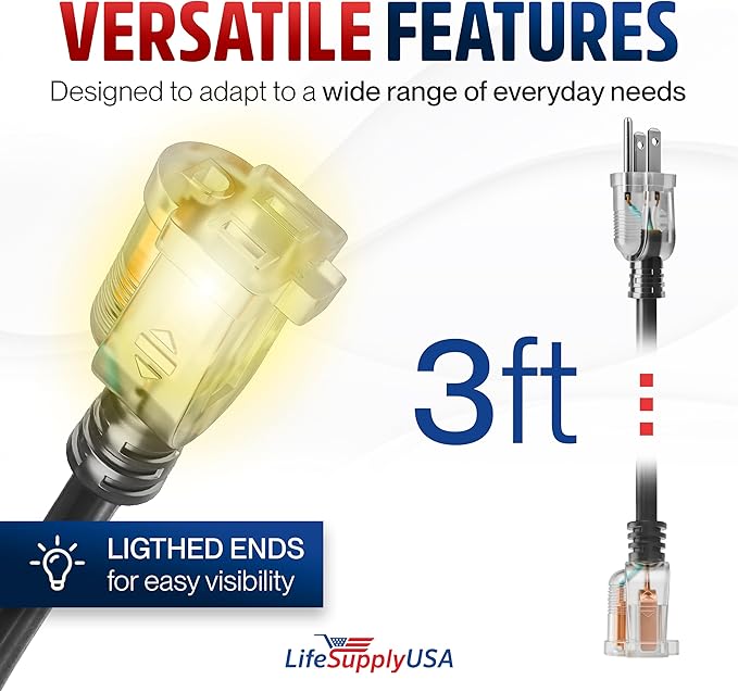 3ft Outdoor/Indoor Extension Cord 14/3 Gauge Heavy Duty 3 Prong SJTW, Waterproof, Flexible Cold-Resistant Long Power Cord,15A 125V 1875W, Black by LifeSupplyUSA