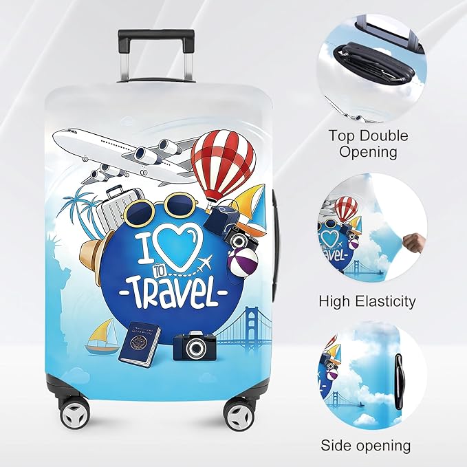 ANNA QUEEN I Love Travel Themed Luggage Cover,Stretchable Suitcase Protector Sleeve,Fit for 24-26 Inch Checked Baggage,Water Resistant & Durable Luggage Protector
