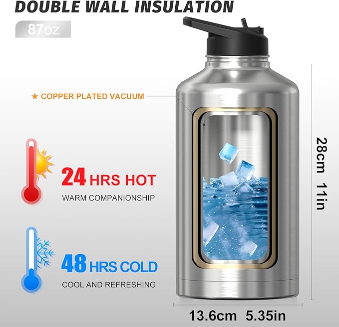 87oz Insulated Water Bottle (Cold for 48 Hrs),BPA Free&Leak Proof,1.5 Gallon Stainless Steel Water Flask,Water Jug with Straw Spout Lids for Gym,Hiking,Camping,Stainless