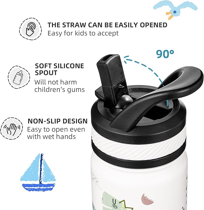 Fanhaw 18 Oz Kids Insulated Water Bottle with Straw - Stainless Steel Double Wall Vacuum Cup, Leakproof, BPA Free, Suitable for Boys and Girls(White - Cute Dinosaur)