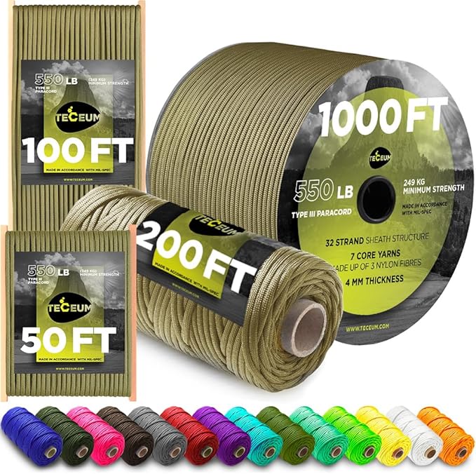 TECEUM Reflective Paracord Rope 1000 – 1000ft/200ft/100ft/50ft – 40+ Colors – Glow in The Dark – para Cord – Utility Rope for Survival, Hunting & Camping Gear – Nylon String, Camping Rope, Tent Cord