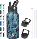 BJPKPK Insulated Water Bottles with Straw Lid, 27oz Stainless Steel Water Bottle with 3 Lids, Leak Proof BPA Free Metal Thermo, Mugs, Tumblers, Keep Cold Hot -Ocean
