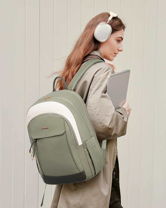 LOVEVOOK 17.3 Inch Laptop Backpack Women, Fashion Backpack with Laptop Compartment for Work College, Large Water Resistant Computer Bags Travel Backpack Purse, Beige green