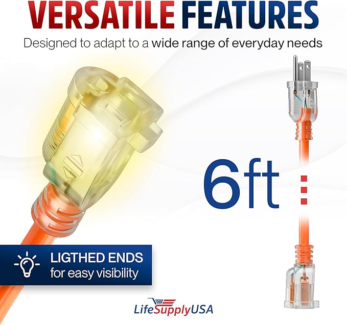 6ft Outdoor/Indoor Extension Cord 12/3 Gauge Extra Heavy Duty 3 Prong SJTW, Waterproof, Flexible Cold-Resistant Long Power Cord,15A 125V 1875W, Orange by LifeSupplyUSA