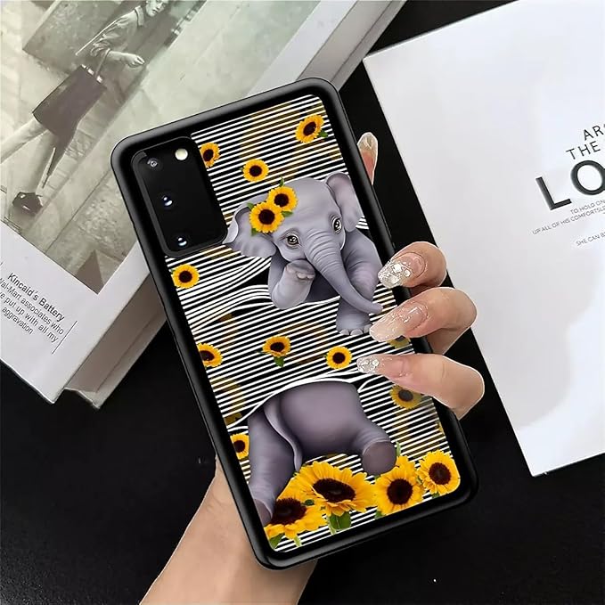 for Samsung Galaxy S20 Case, Cute Little Elephant Sunflower White Line Art Pattern Graphic Design Girl Boy Soft Silicone Hard Acrylic Shock Protection for Samsung Galaxy S20