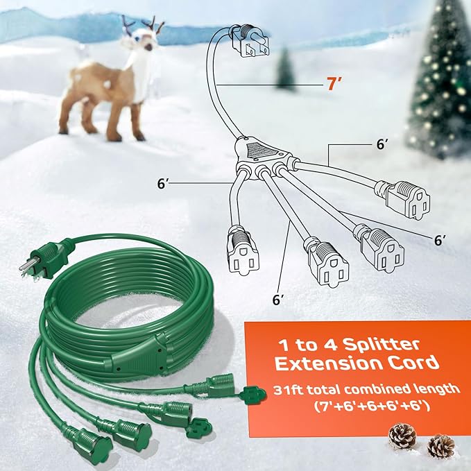 Eversimpleinc 1 to 4 Splitter Extension Cord (Combined 31 FT, End to End 13 FT), 3 Prong Plug with 4 Extended Outlets, with Weatherproof Covers for Indoor