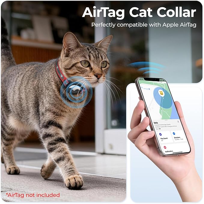 Breakaway AirTag Cat Collar, Reflective Cat Tracker Collar with Air Tag Holder and Bell, Safety Elastic Band Cat GPS Collars for Girl Boy Cats, Kittens and Puppies (Red, 8-13'')