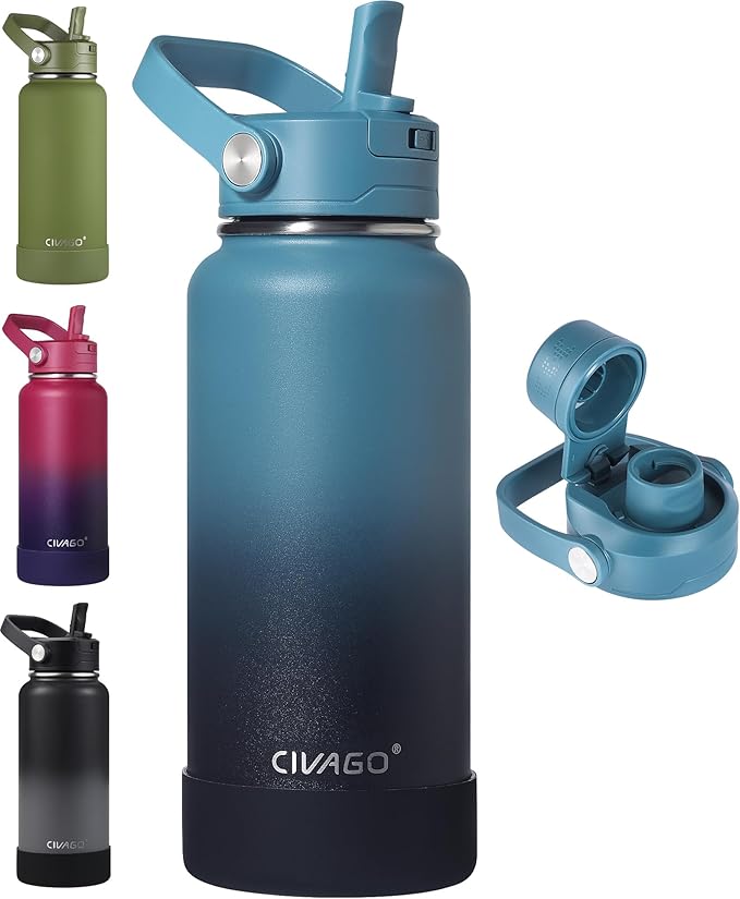 CIVAGO 32 oz Insulated Stainless Steel Water Bottle with Detachable Straw, Large Metal Water Jug with Bucket Handle, Leakproof Sports Water Flask with Silicone Boot, Dishwasher Safe, Indigo Black