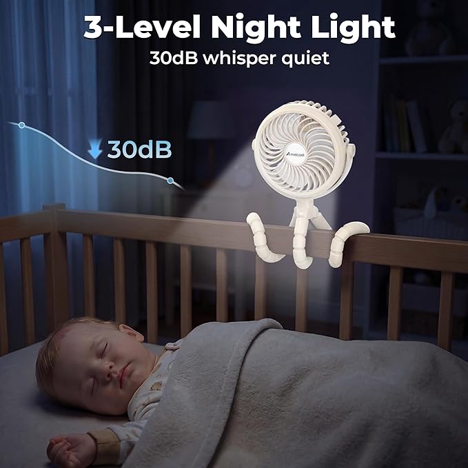 AMACOOL Battery Operated Stroller Fan, Baby Travel Essentials for Beach Disney, Newborn Boy & Girl Showers Gifts Registry Search, Rechargeable Clip On Fan for Car Seat Wagon Crib Bike Treadmill