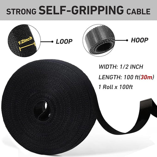 100ft x1/2 in Hook and Loop Roll, Hitotsu Reusable Fastening Tape Cable Ties, Self-Gripping Multi-Purpose Wrap Fasteners for Cord Manage,Home, Office, Electrical Cords, Data Center, Black