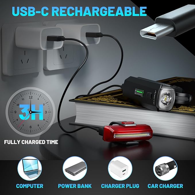 APECYC Bike Lights USB-C Rechargeable Bicycle Front Headlight and Rear Taillight with 4+5 Light Modes, Waterproof Bike Light Set for Night Riding, Commuter, Road & Mountain Cycling