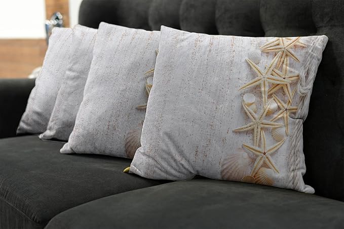 Ambesonne Seashells Throw Pillow Cushion Case Pack of 4, Starfish Marine in Vertical Direction Wood Surface Ocean Beach Nautical Print, Modern Accent Double-Sided Digital Printing, 20", Ivory Cream