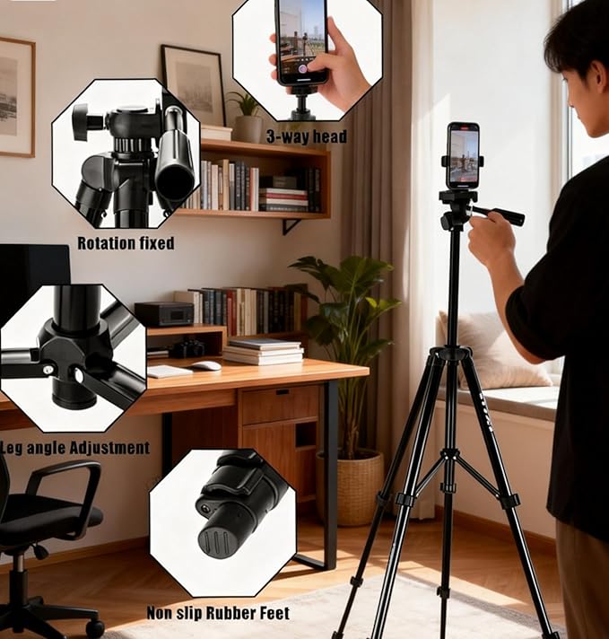 50" Aluminum Phone & Camera Tripod, Extendable Cell Phone Tripod Stand Compatible with iPhone/Android/Action Camera is Perfect for Live Streaming/Video Recording/Selfies