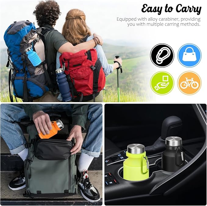 Nefeeko Collapsible Water Bottle, Reuseable BPA Free Silicone Foldable Water Bottles for Travel Gym Camping Hiking, Portable Leak Proof Sports Water Bottle with Carabiner