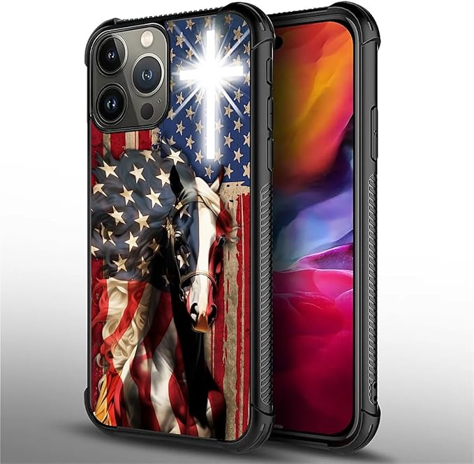 for iPhone 15 Pro Case, Red American Flag Horse Cross Pattern Graphic Design Girl Boy Soft Silicone Hard Acrylic Shock Protection for iPhone 15 Pro