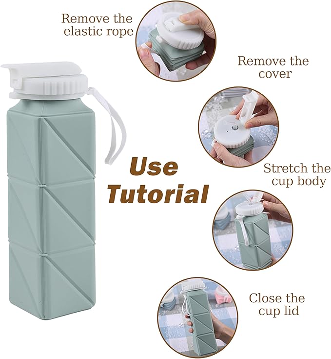 EOBTAIN Collapsible Watter Bottles for Traveling Grey Silicone Foldable Water Bottle with Straw,Portable Lightweight and BPA Free Reusable Water Bottle Cup for Camping Hiking,Leakproof