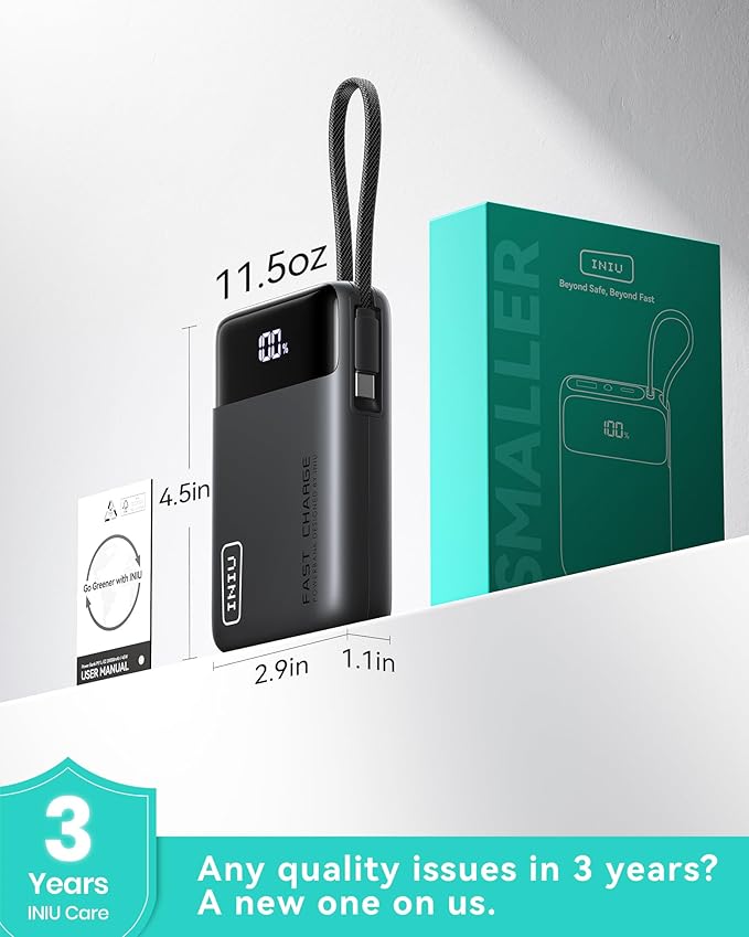 INIU 20000mAh Power Bank, Small Portable Charger, 45W PD Fast Charging Battery Pack with Build in USB-C Cable, Travel Phone Charger for iPhone 17 16 15 14 Air Samsung S25 S24 Google iPad Xiaomi, Black