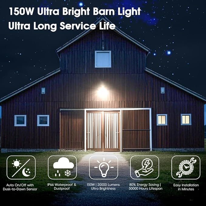 150W 2 Pack 20000LM Dusk to Dawn Outdoor Lighting, LED Barn Lights Outdoor with 150° Adjustable Photocell Pole Light 6500K Flood Light, IP66 Waterproof Area Street Light for Garage Yard