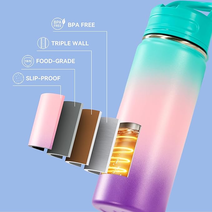 Fijinhom 24oz Insulated Stainless Steel Water Bottle with Straws, Double Wall Vacuum Insulated Bottles, Metal Thermo for Travel, Sports, Leak-Proof, BPA Free, Women & Men, Color Gradient