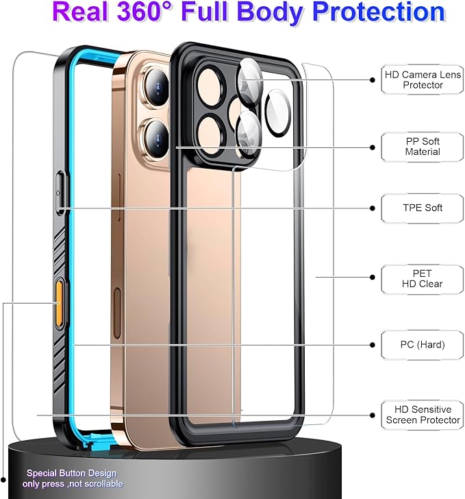 Temdan Compatible with iPhone 16 Pro Max Case Waterproof, Built-in Screen & Camera Protector IP68 Underwater Full Body 16FT Military Dropproof Shockproof Phone Case 6.9"-Blue/Clear