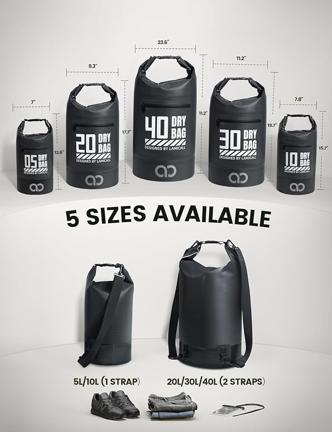 Lamicall Dry Bag Waterproof Backpack - [Durable & Floating] 5L/10L/20L/30L/40L Large Water Proof Bag with Waterproof Phone Case for Kayaking, River Rafting, Lake, Float Trip, Tubing Essentials