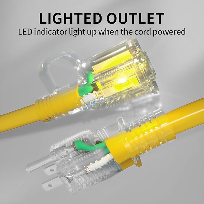 POWGRN 25 ft 12/3 Outdoor Extension Cord Waterproof Heavy Duty with Lighted Indicator End 12 Gauge 3 Prong, Flexible Cold-Resistant Long Power Cord Outside, 15Amp 1875W SJTW Yellow ETL Listed