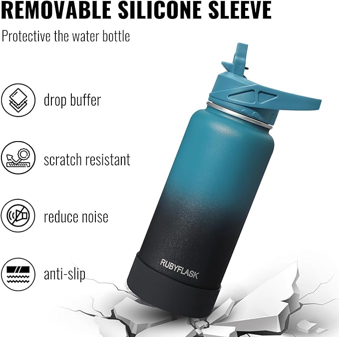 RUBYFLASK 64oz Insulated Water Bottle with Straw, Half Gallon Stainless Steel Vacuum Water Jug, Large Thermal Water Bottle Flask with Leakproof 3 Lids for Travel, Camping, Gym Sports Navy
