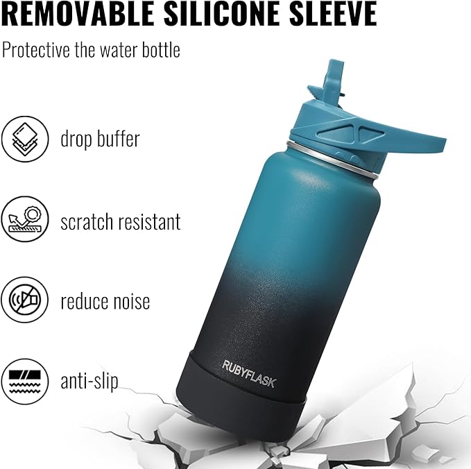 RUBYFLASK 64oz Insulated Water Bottle with Straw, Half Gallon Stainless Steel Vacuum Water Jug, Large Thermal Water Bottle Flask with Leakproof 3 Lids for Travel, Camping, Gym Sports Black