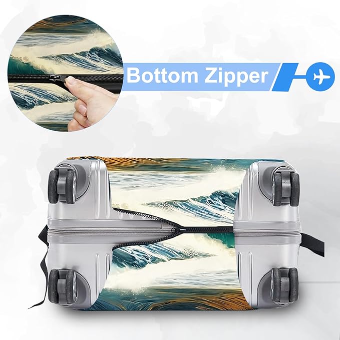 ANNA QUEEN Ocean Waves Travel Luggage Cover -Stretchable Airplane Suitcase Protector Sleeve,Universal Washable Fit for 20-26 Inch Checked Baggage,Water Resistant Durable Luggage Protector,M