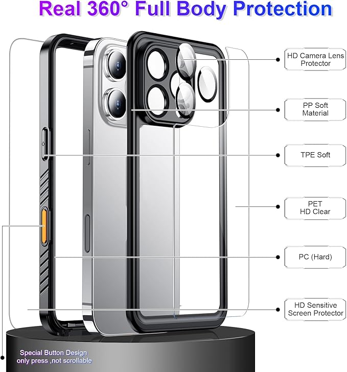 Temdan Waterproof Compatible with Phone Pro Case 6.3 inch 2024-Black/Clear