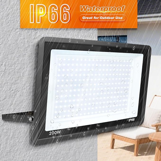 200W LED Flood Light Outdoor, 2Pack 20000LM Super Bright, IP66 Waterproof Outside Work Lights, 6500K Daylight White Security Lights