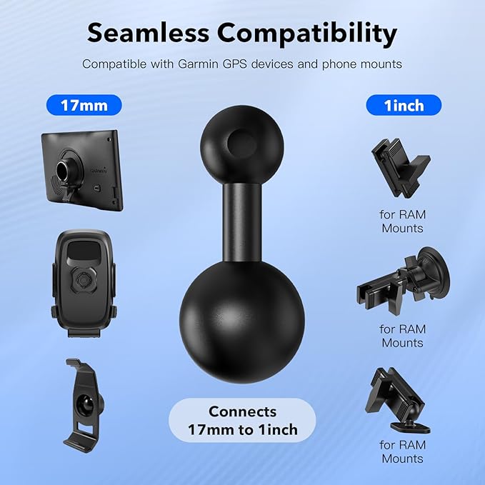 1-Inch (B Size) Ball to 17mm Adapter – TPU Anti-Slip Ball Head Converter, Compatible with Garmin GPS and 17mm Phone Holders, Fits 1" B Size Ball Bases from RAM Mounts