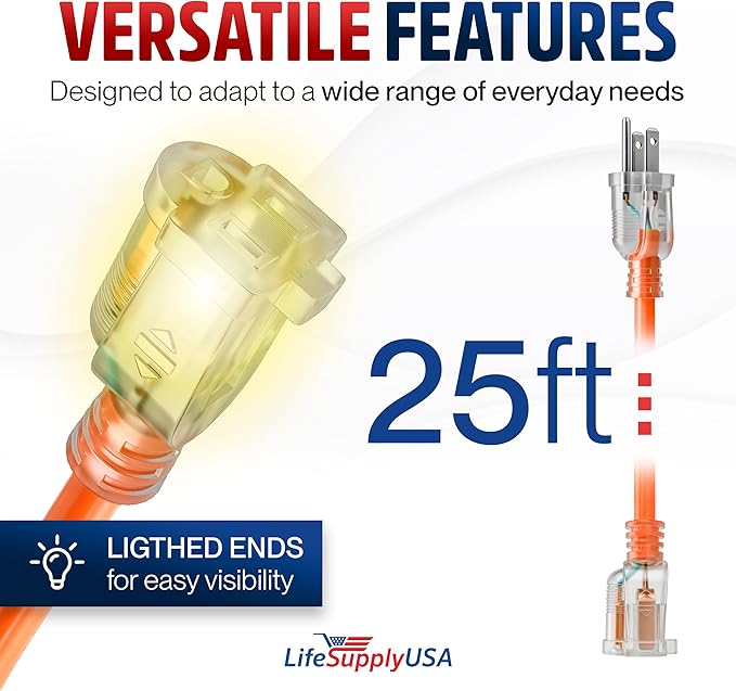 25ft Outdoor/Indoor Extension Cord 14/3 Gauge Heavy Duty 3 Prong SJTW, Waterproof, Flexible Cold-Resistant Long Power Cord,15A 125V 1875W, Orange by LifeSupplyUSA