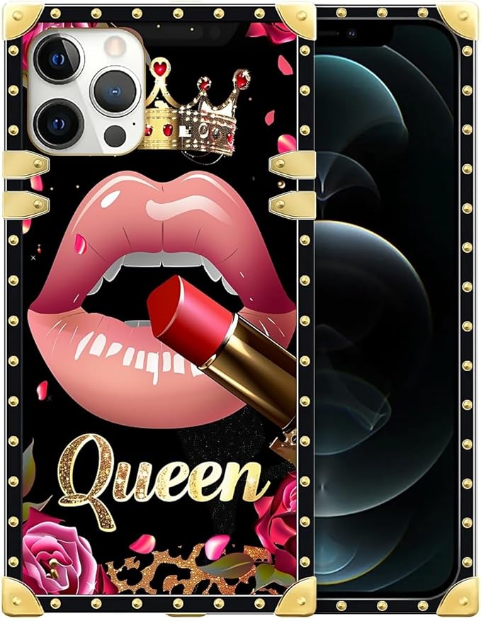 Compatible with iPhone 12 Case, Glitter Red Rose Queen Leopard Lipstick Luxury Golden Decoration for Girl Women Soft TPU Shockproof Protective Hard PC Back for iPhone 12 Pro