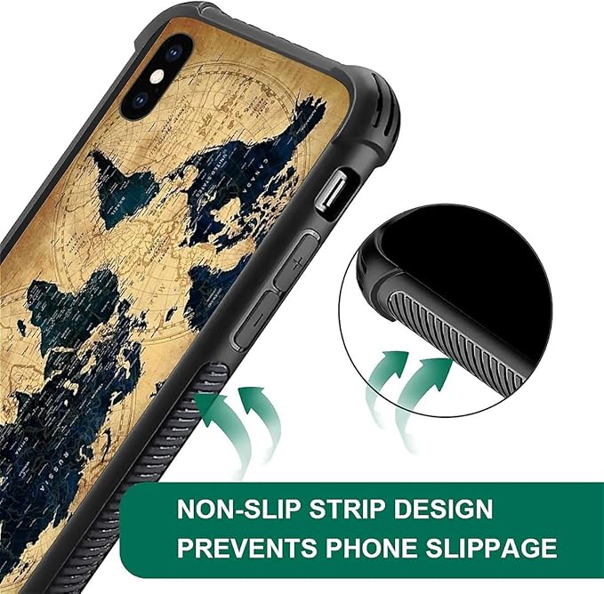 for iPhone Xs Max Case, Brown World Map Pattern Graphic Design Girl Boy Soft Silicone Hard Acrylic Shock Protection for iPhone Xs Max