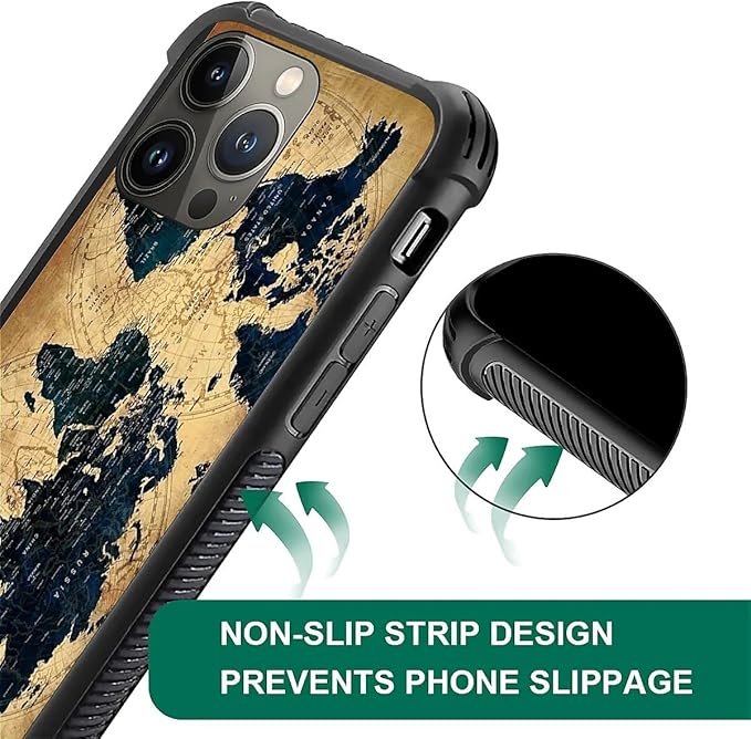 for iPhone 14 Pro Case, Brown World Map Pattern Graphic Design Girl Boy Soft Silicone Hard Acrylic Shock Protection for iPhone 14 Pro