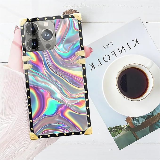 Compatible with iPhone 14 Pro Max Case, Holographic Abstract Iridescent Textures Luxury Golden Decoration for Girl Women Soft TPU Shockproof Protective Hard PC Back