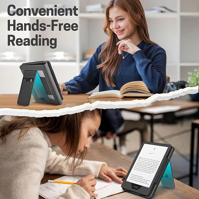 TNP Stand Case for Kindle Paperwhite 12th Generation 2024 / Kindle Colorsoft Signature Edition with Hand Strap & Card Slot - 7" PU Leather Protective Folio Cover with Auto Wake/Sleep, Black