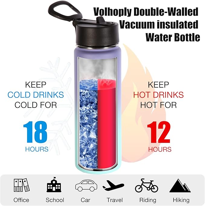 Volhoply 24oz Insulated Water Bottle With Straw Bulk 6 Pack,Metal Wide Mouth Water Bottles With Handle Keep Cold,Reusable Double Wall Cups,Powder Coated Sport Bottle For Holder(Purple Blue,6 Count)