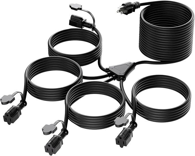 K KASONIC - 46FT Christmas Lights Outdoor Extension Cord with Mutil Outlets, ETL Listed Heavy Duty Electrical Cord with Protective Covers, Weatherproof Extension Cord for Outside, 16AWG/1625W, Black