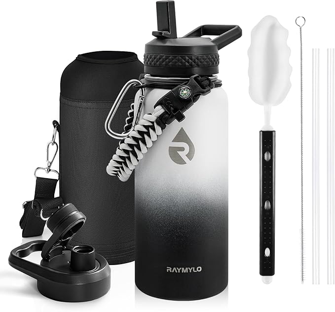 RAYMYLO Insulated Water Bottle 32 oz, Triple Wall Vacuum Stainless Steel (Cold for 24Hrs, Hot for 12Hrs), Leak Proof & Non-BPA, Modern Water Flask Jug with Paracord Handle & Straw Spout Lids