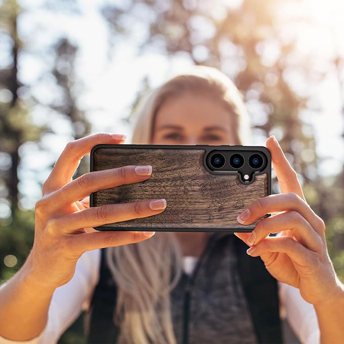 Carveit Wood Case for Galaxy S24 Plus Case [Natural Wood & Black Soft TPU] Shockproof Protective Cover Unique Wooden Design Compatible with S24 Plus (World Map-Walnut)