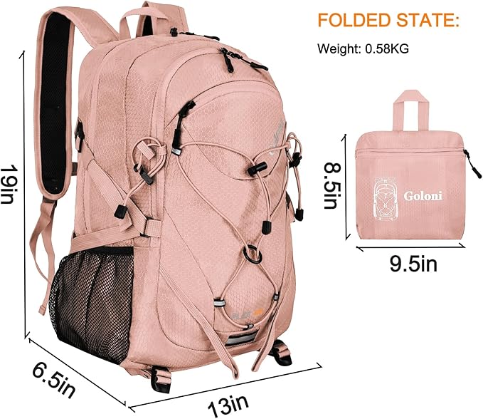 Goloni 45L Hiking Backpack Lightweight Foldable, Waterproof Camping Backpack with Rain Cover & Hiking Pole Mat Carrying System, Ergonomic Water Resistant Daypack for Trekking Travel Men Women Pink