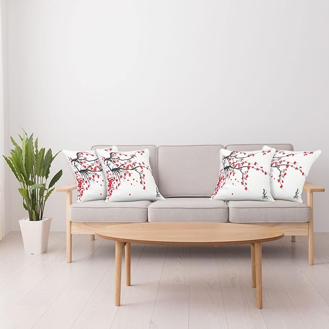 Ambesonne Nature Throw Pillow Cushion Case Pack of 4, Sakura Blossom Japanese Cherry Tree Garden Summertime Vintage Cultural Print, Modern Accent Double-Sided Digital Printing, 20", Grey Vermilion