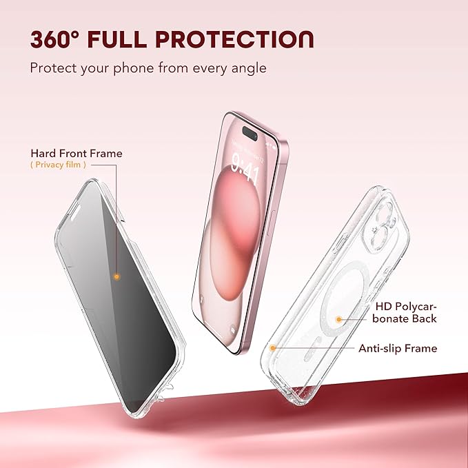 TIESZEN for iPhone 15 Plus Case, Compatible with MagSafe, Built-in Privacy Screen Protector and Camera Protection, Anti Spy Full Body Dustproof Shockproof Hard Phone Case 6.7", Shiny Clear