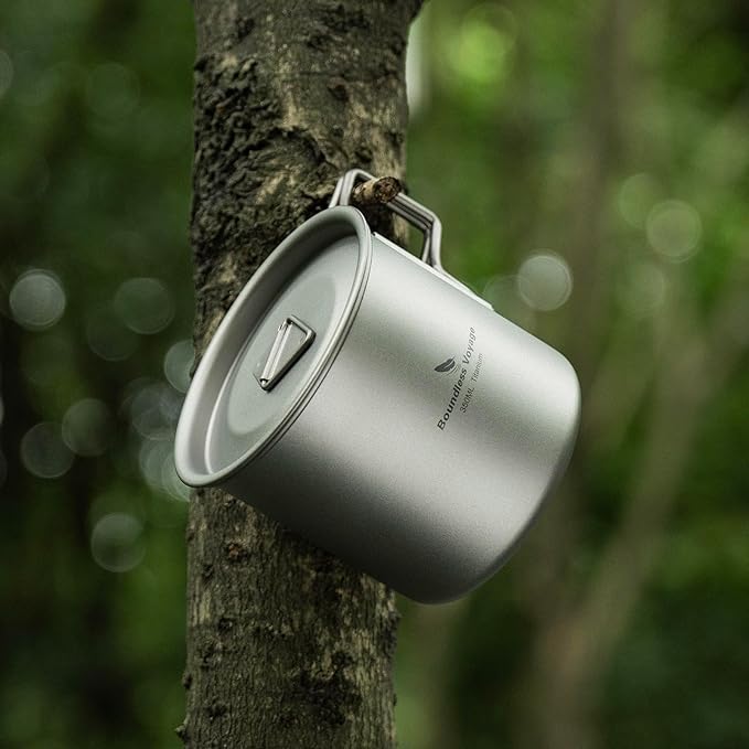 iBasingo 350ml Titanium Cup with Lid Foldable Handle Single-walled Camping Mug Lightweight Portable for Outdoor Drinking Drinkware US-Ti3058D