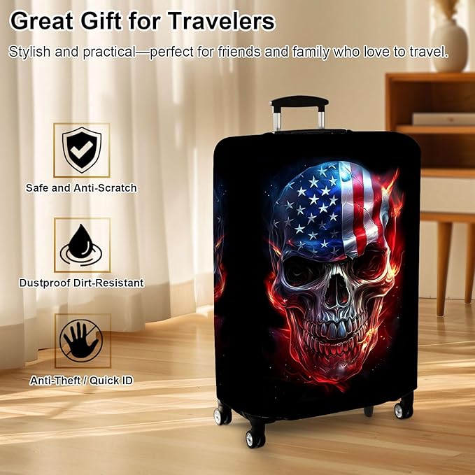 Luggage Cover Protector for 30-32 Inch Suitcases, TSA Approved Elastic Travel Suitcase Covers, Anti-Scratch Washable Luggage Sleeve for Carry On & Checked Bags, Skull American Flag
